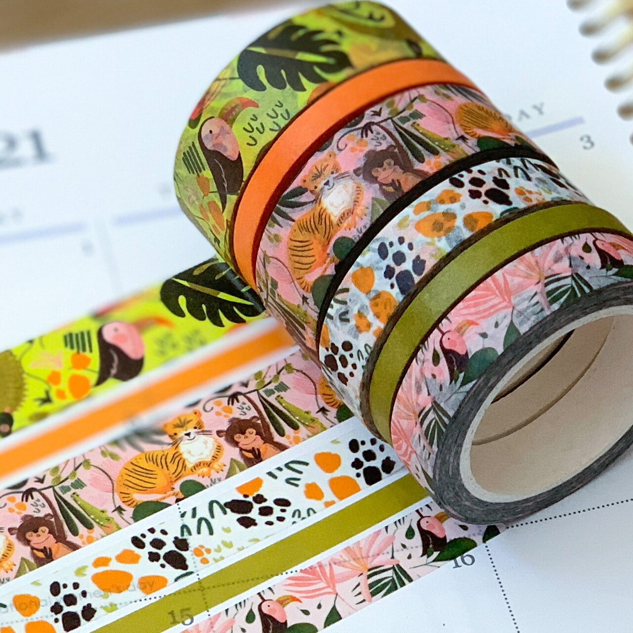 Jungle Lush Tropical Tigers Monkeys Birds & Zebras Green & Orange Washi Tape Set (#W020)